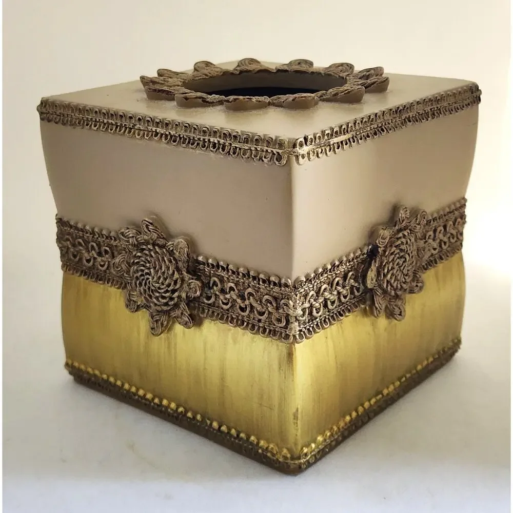 Avanti Linens Braided Medallion Tissue Box Cover Gold Beige Ornate